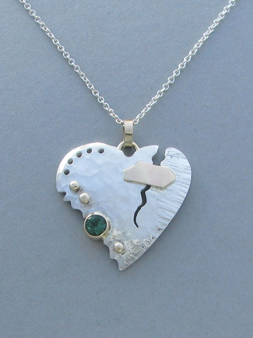 sterling silver heart pendant broken heart gold patch green gemstone