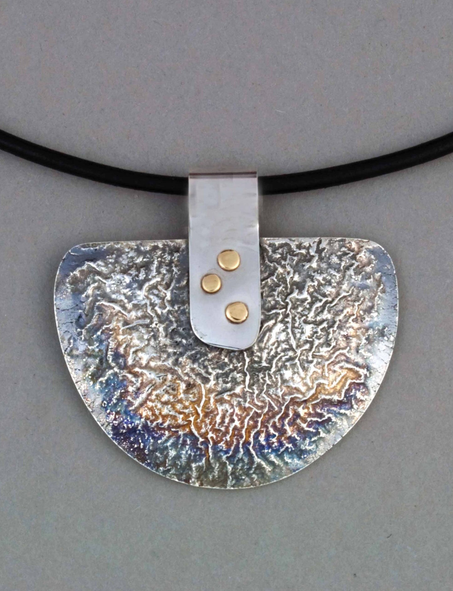 silver reticulated half shield half moon riveted pendant necklace