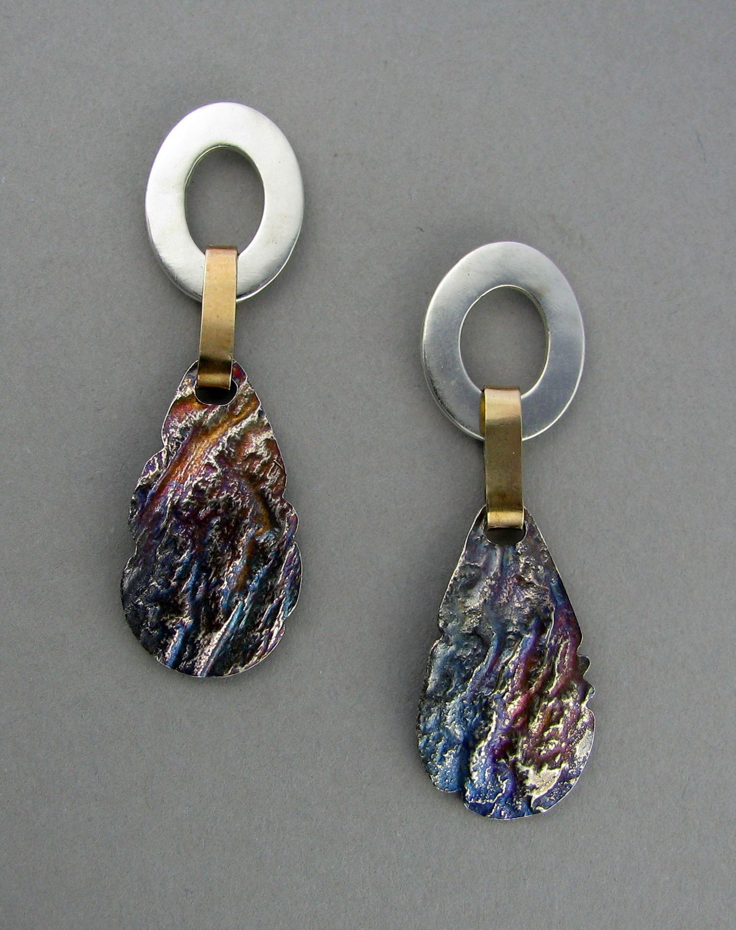 silver rainbow reticulated teardrop earrings oval and gold