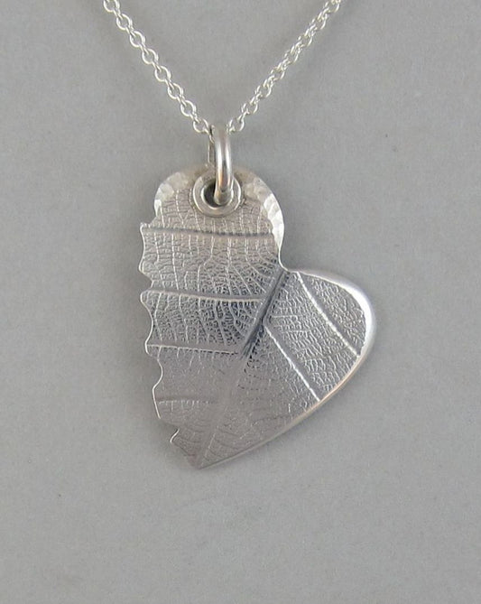 sterling silver heart pendant necklace organic leaf