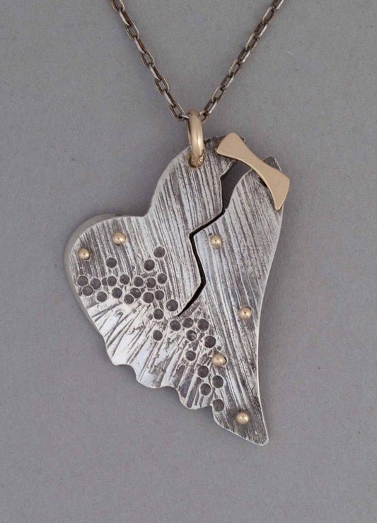 sterling silver heart pendant necklace broken heart gold riveted and stamped