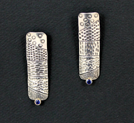 Sterling Silver Stamped and Chased Post Earrings with Blue Sapphire and 14k Gold Bezel