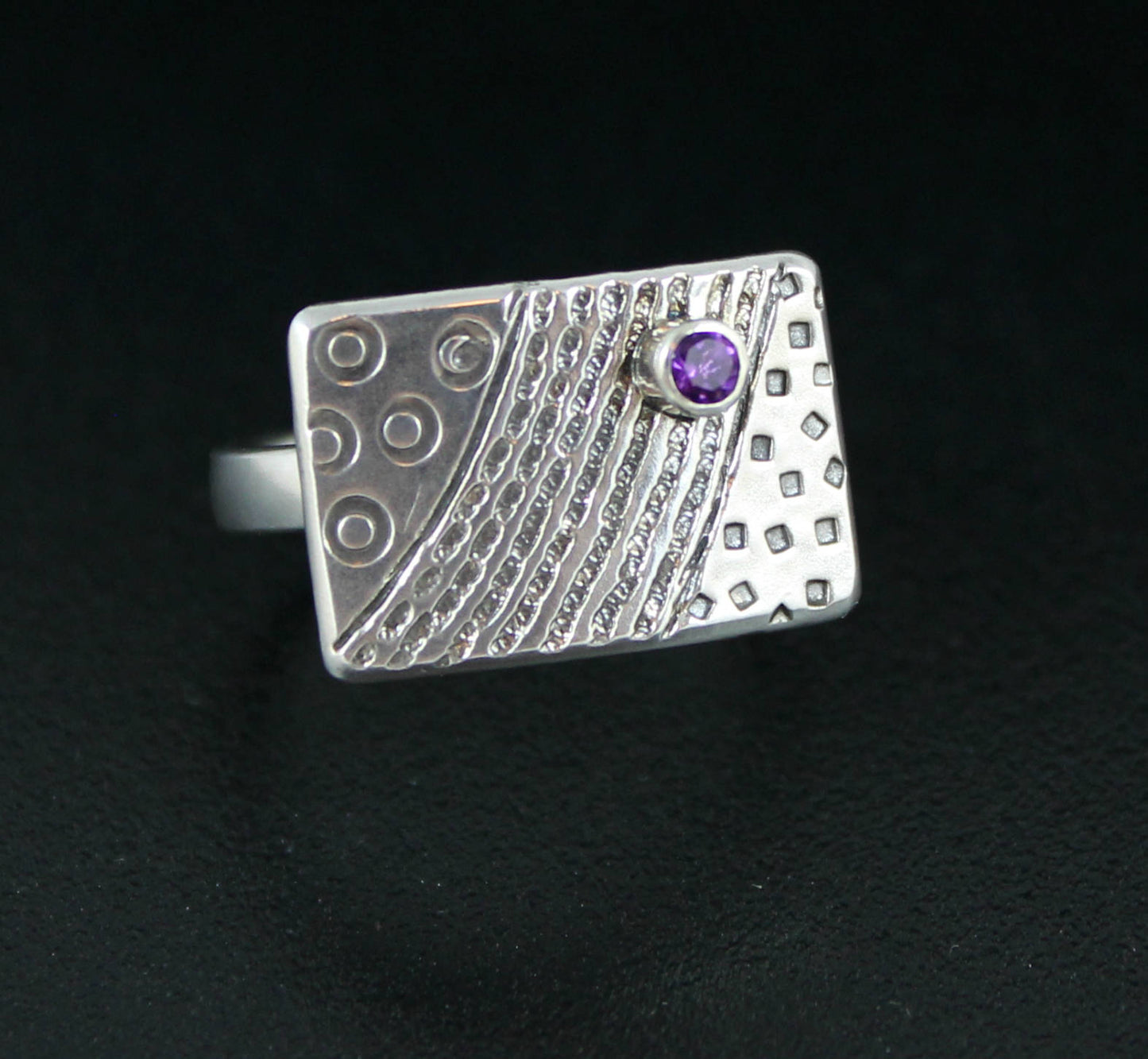 Sterling Silver Small Stamped Shield Ring - Adjustable - with Amethyst