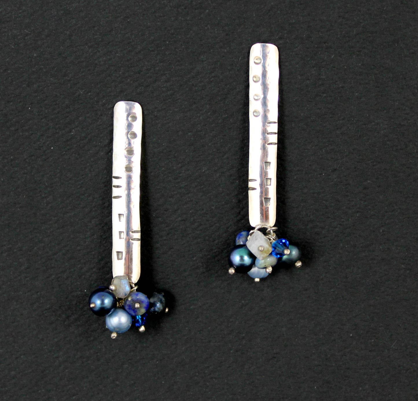 Sterling Silver Stamped and Chased Sterling Narrow Shield Earrings with Blue Bead Mix Cluster