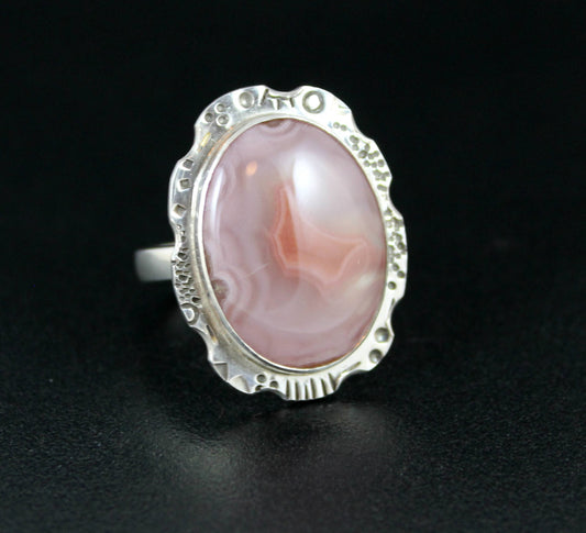 Sterling Silver Stamped Shield Ring - Adjustable - with Pink Laguna Agate Cabochon