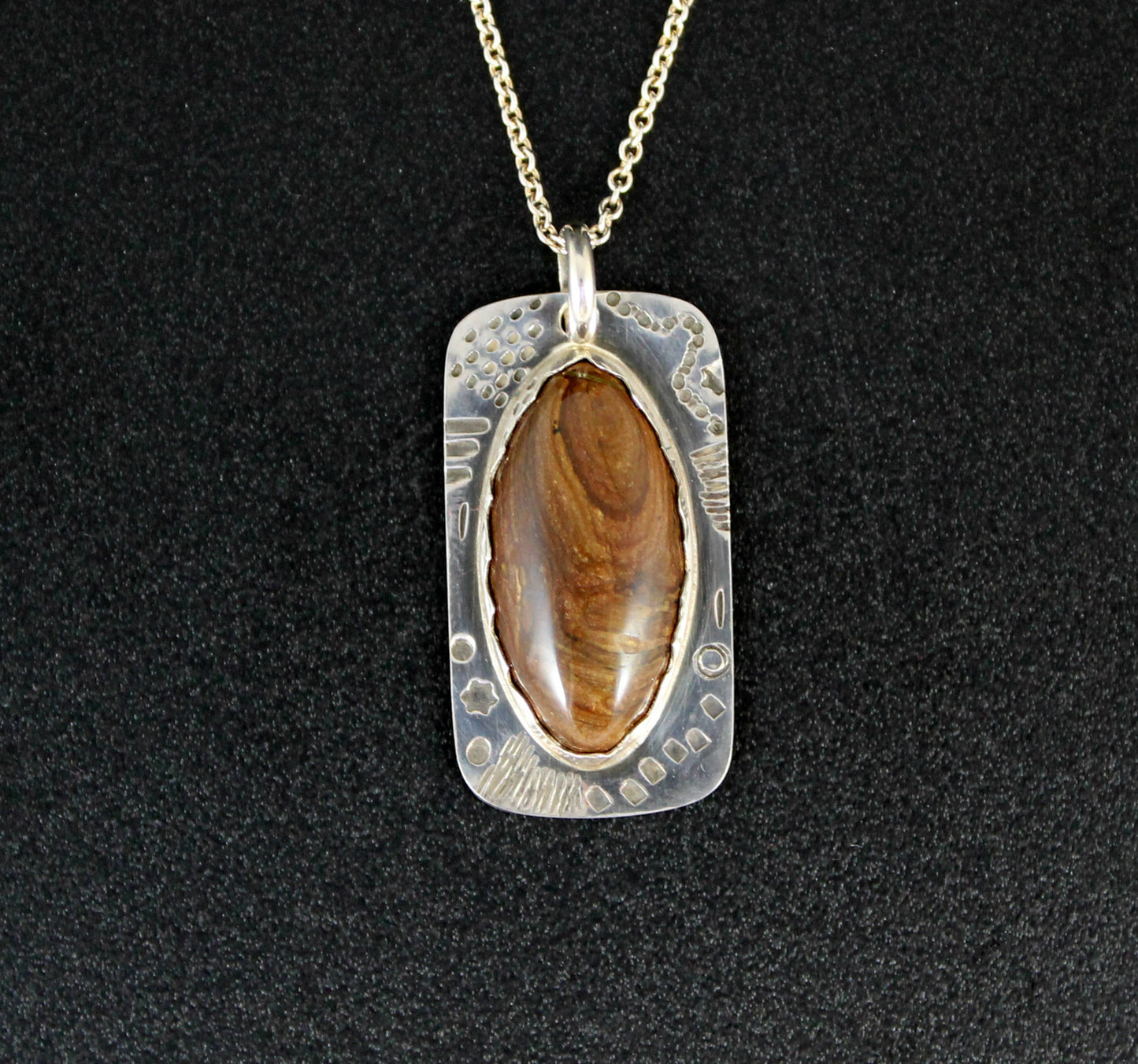 Sterling Silver Stamped Shield Pendant - with Brown Jasper Cabochon