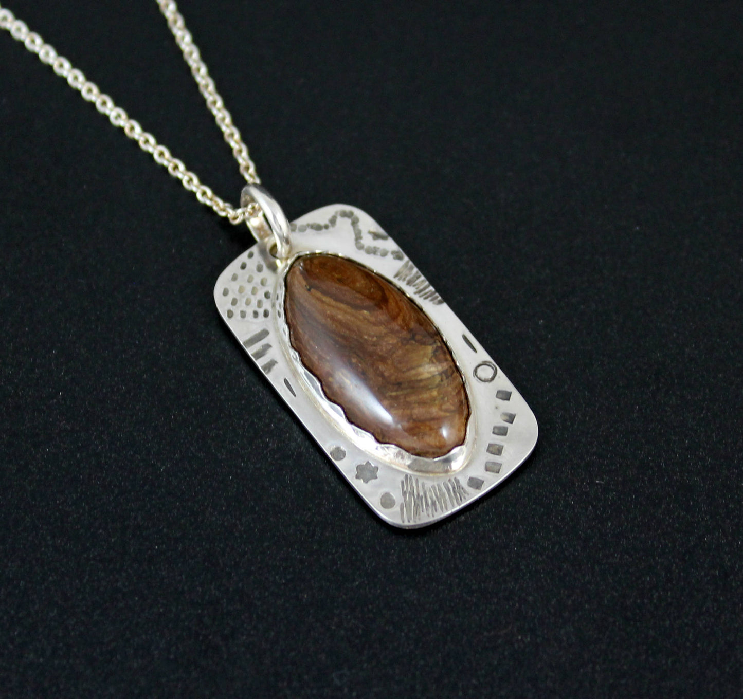 Sterling Silver Stamped Shield Pendant - with Brown Jasper Cabochon