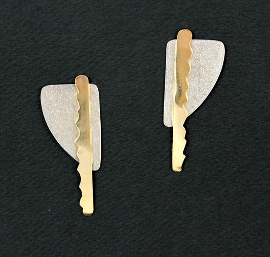 Contemporary Sterling Silver Patterned Post Earrings with 18k Gold Accent